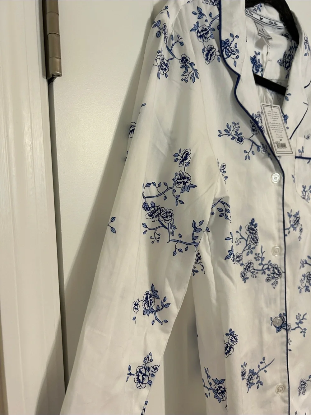 Classic White Nightshirt with Blue Floral Print - Elegant Button-Front Pajama